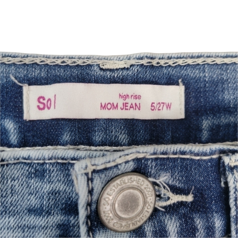 Junior's SO High Rise Distressed Mom Jeans in Medium Acid Deconstructed - Picture 9 of 10